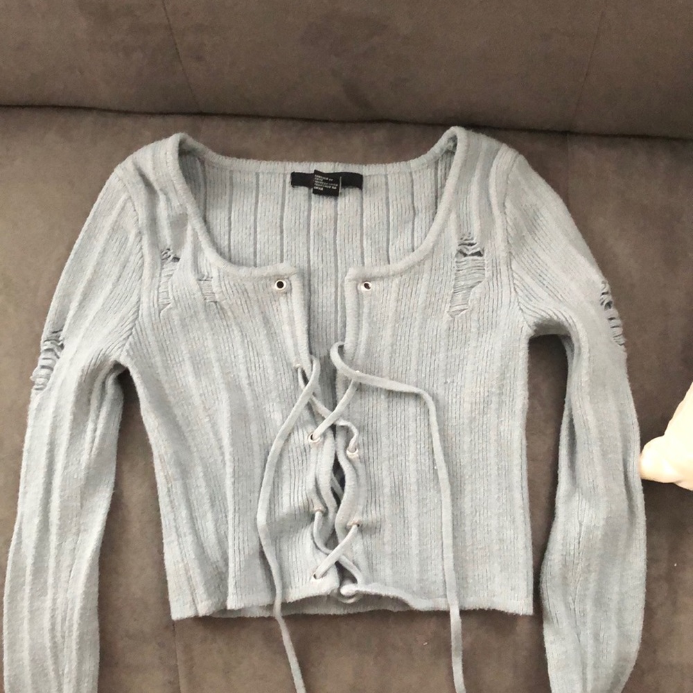 Grey/Blue Cropped Long Sleeve Shirt